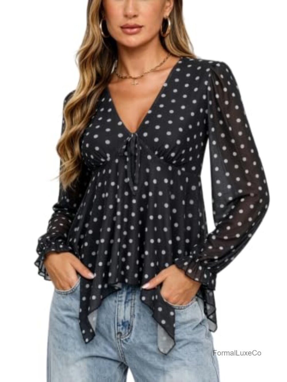Women's V Neck Tie Front Peplum Top Mesh Long Sleeve Blouse